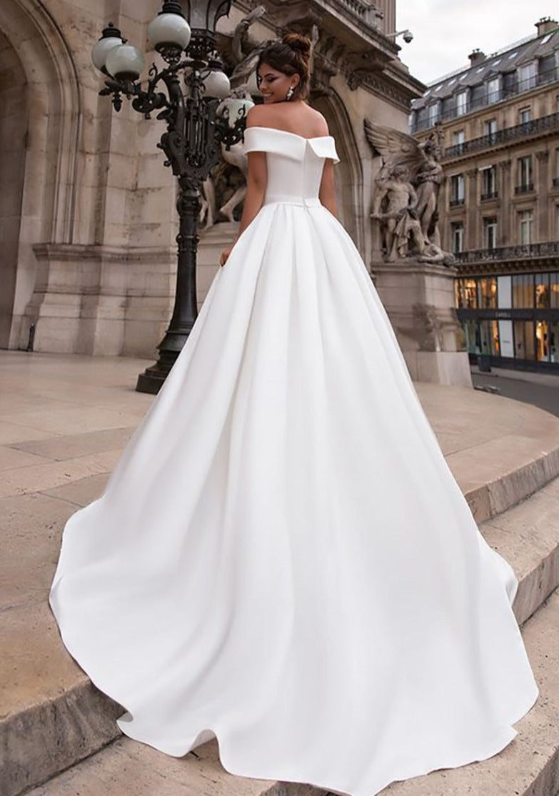 CW444 Minimal Satin Off The Shoulder Wedding Dress with Sash ...