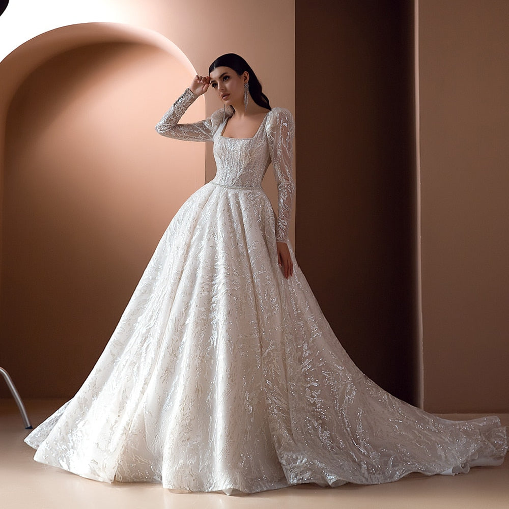 HW382 Classy Long Sleeve sequin Wedding Gown - Nirvanafourteen