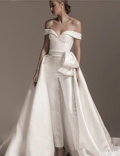 PD49 Off the shoulder Wedding Jumpsuit with detachable train ...