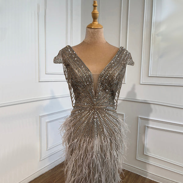 LG370 Real Photo Luxurious brown beaded feather Pageant Gown ...