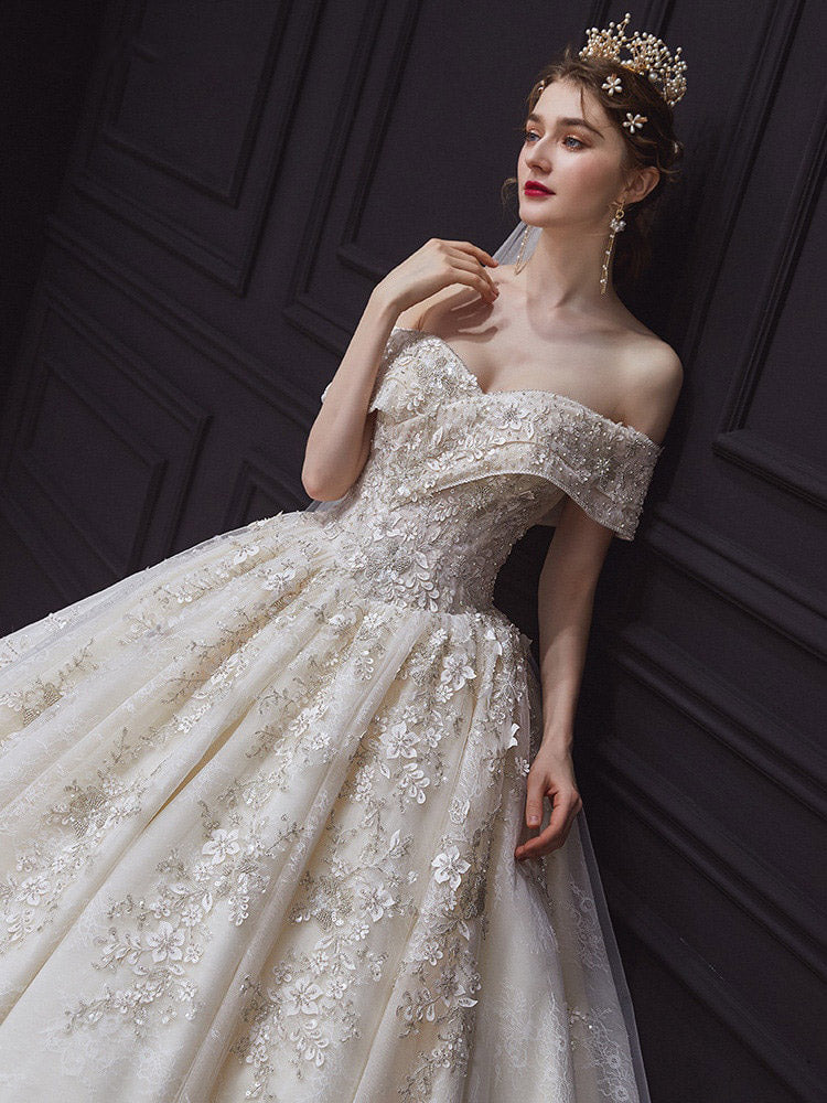 CW621: 3D-Floral Appliques Beaded Lace-up Bridal Gown - Nirvanafourteen