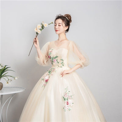 CG301 : 3/4 sleeve Floral embroidery Prom Ball Gowns