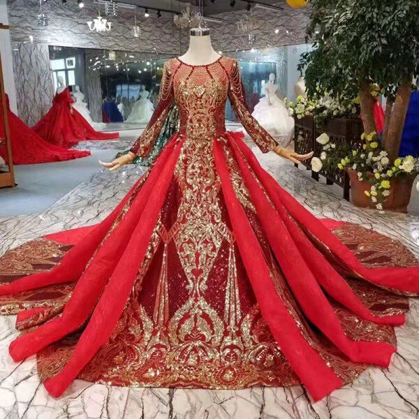 CG66Luxury Burgundy Gold embroidery Arabic Wedding Dress