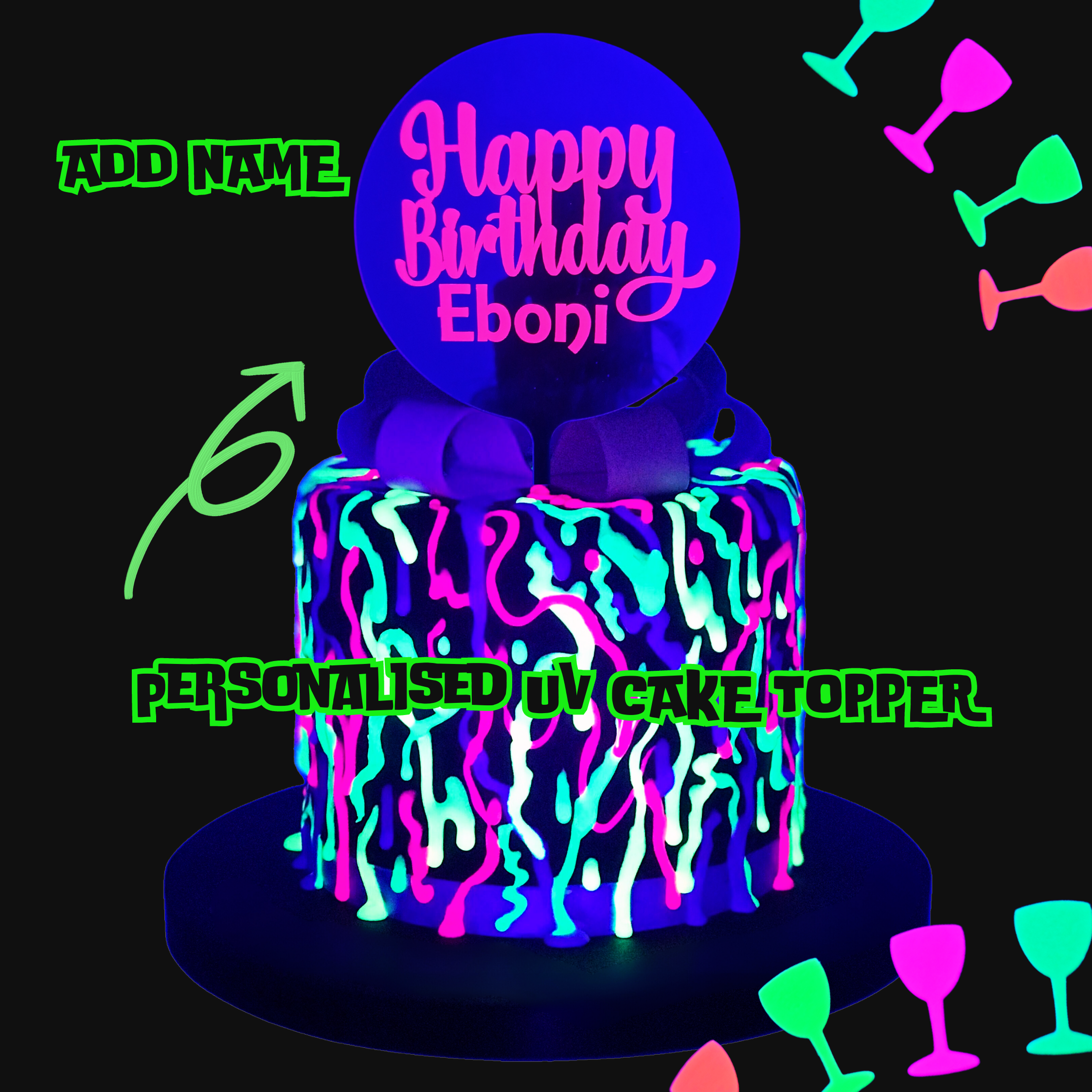 uv cake topper personalised with birthday name