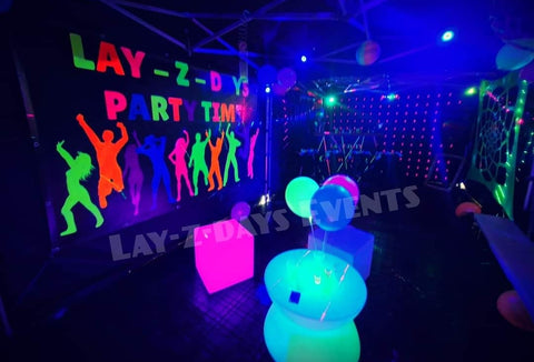 Uv Neon Party people glow in the dark backdrop & stand hire