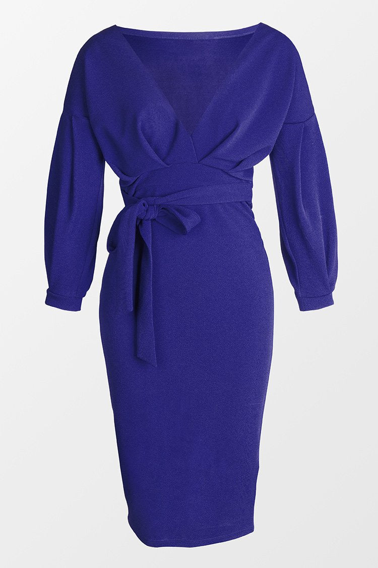 Chyna Blue 3/4 Sleeve Tie Waist Tea Length Dress