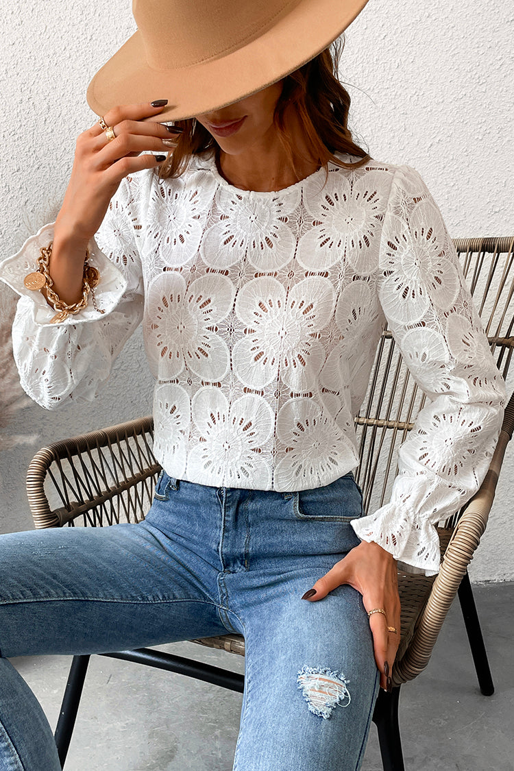 Happy Weekend Embroidered Floral Eyelet Long Sleeve Blouse