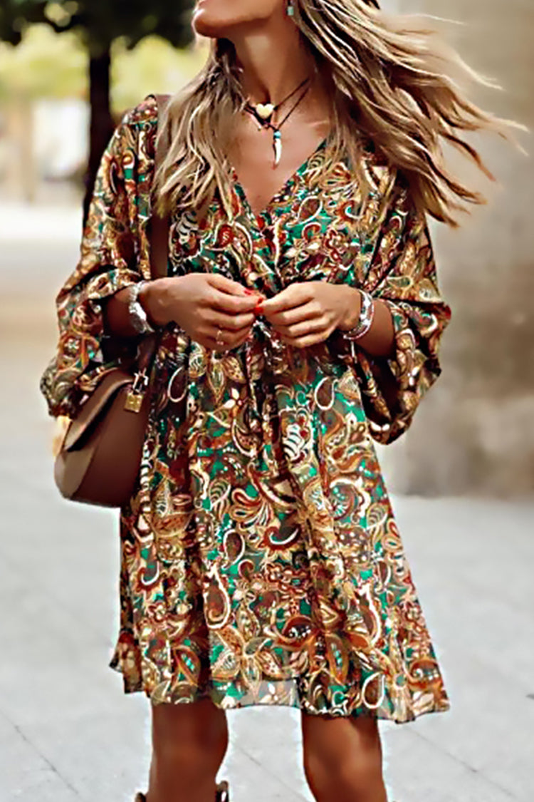 Delightful Paisley Print Flared Sleeve A-Line Mini Dress