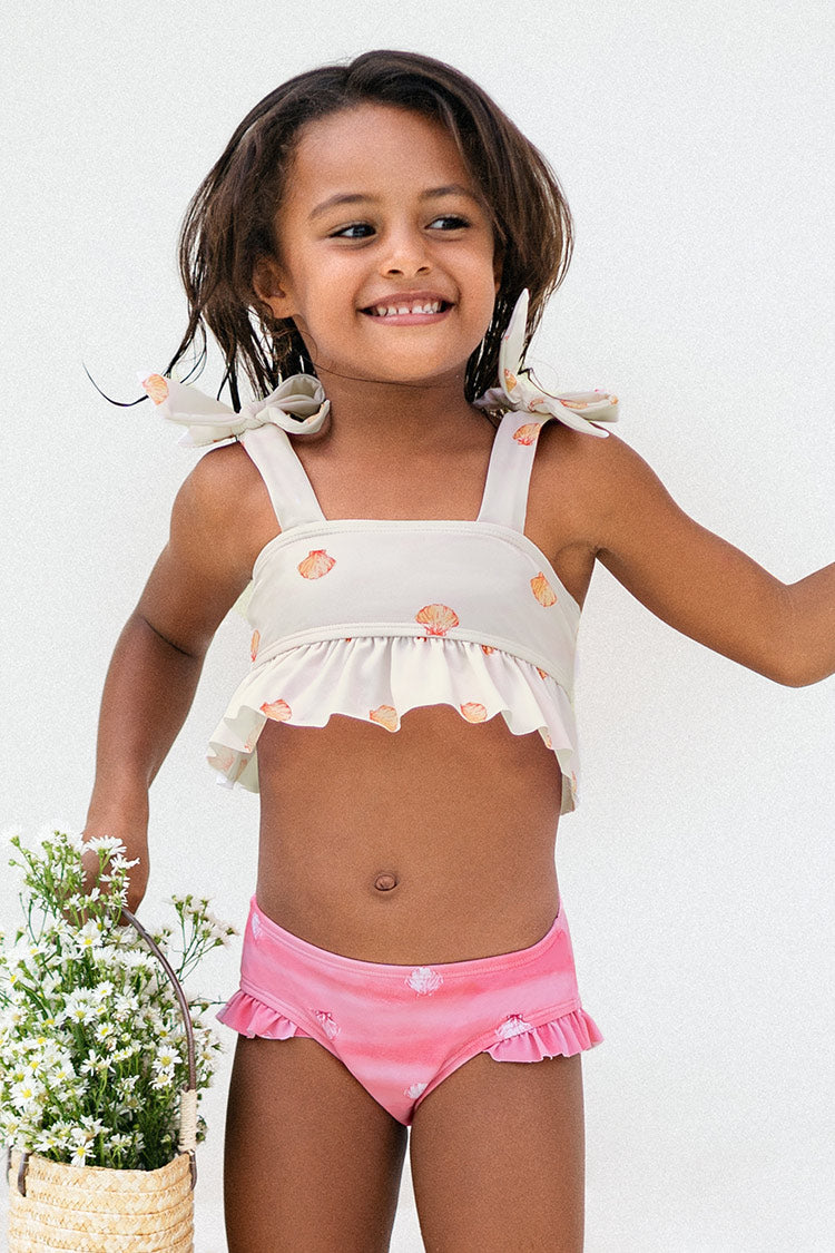 Girls' Cute Shell Ruffled Hem Bralette And Hipster Bikini Set