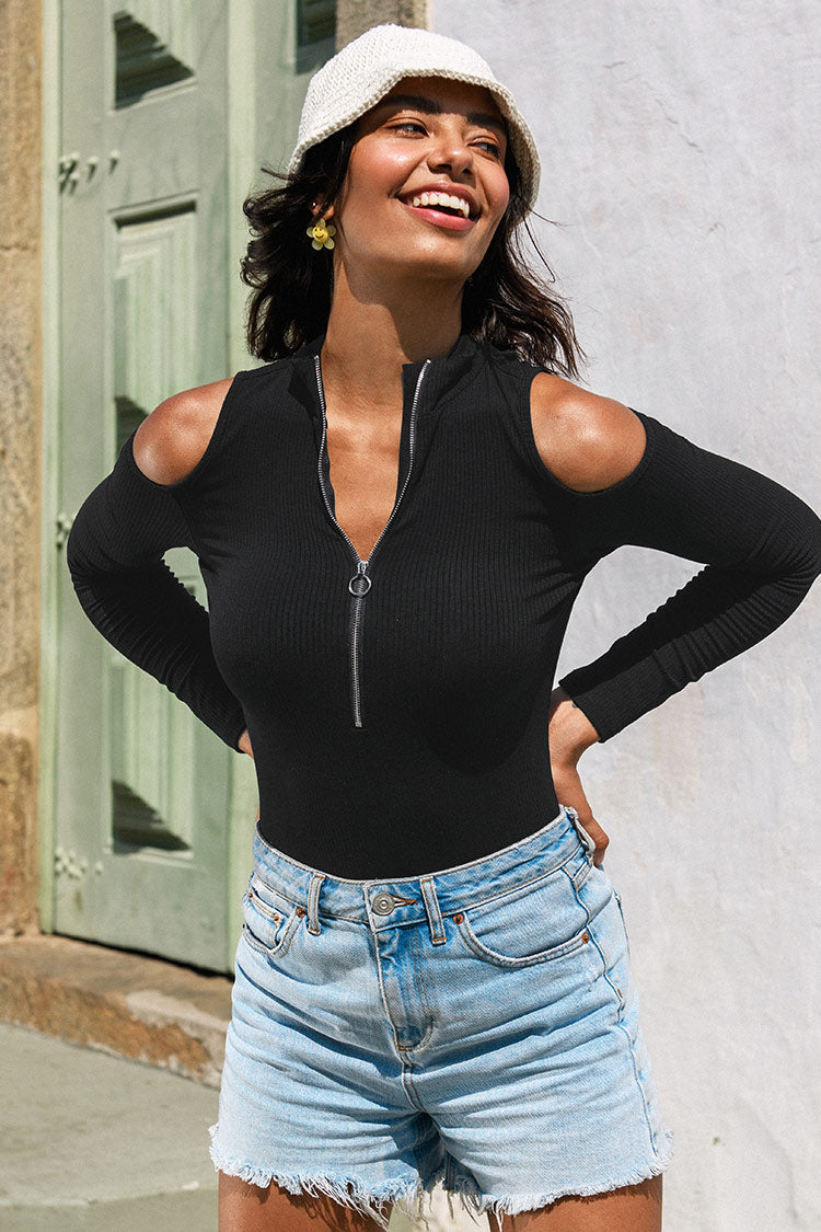 Tamia Zip-up Cold Shoulder Long Sleeve Bodysuit