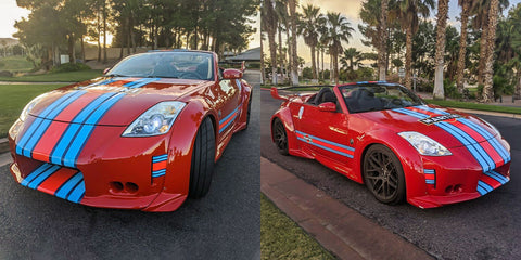 Red Nissan 350z with MARTINI Racing Stripes