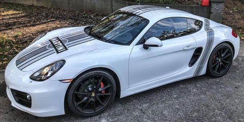 White Porsche with Grayscale MARTINI Racing Stripes