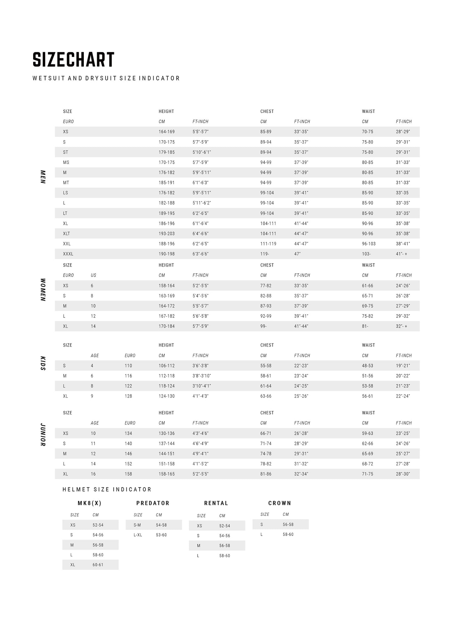 Nike® Apparel Size Charts
