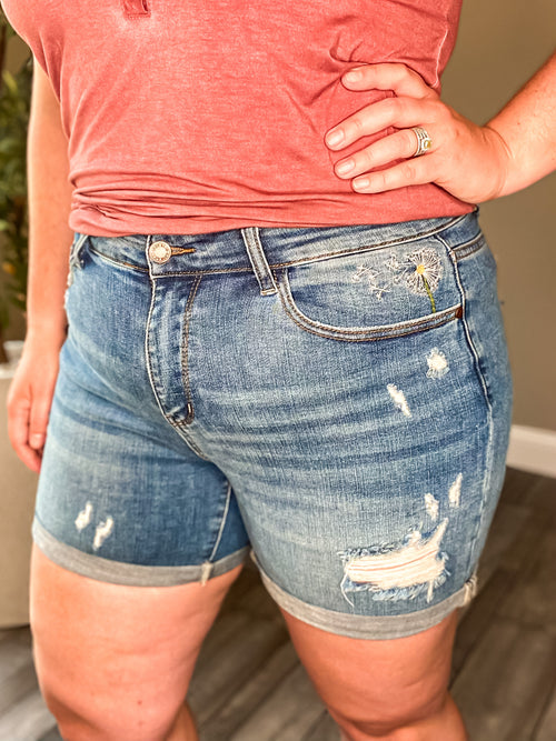 Sunshine in my Pocket Shorts- Judy Blue Hi-Rise Sun Embroidered Cutoff –  Spotted Sunflower Boutique