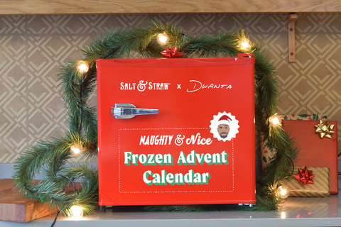 Red mini-freezer with print: Salt and Straw x Dwanta. Naughty and Nice Frozen Advent Calendar