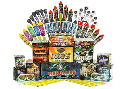 Huge pack of fireworks with lots of rockets, barrages, mines, fountains and accessories