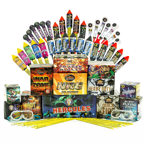 A photo of one of the Epic Fireworks New Year's DIY Display packs, showing the wide range of barrages, mines, fountains and rockets included as well as the safety equipment.