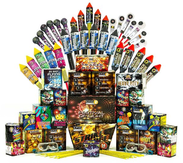 A massive pile of fireworks including rockets, barrages, mines, fountains, sparklers and safety accessories