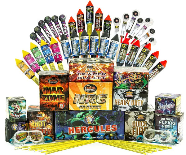 A photo of one of the Epic Fireworks New Year's DIY Display packs, showing the wide range of barrages, mines, fountains and rockets included as well as the safety equipment.