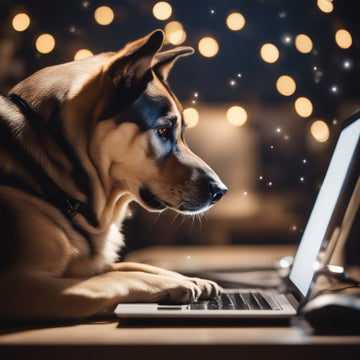a big dog getting an email on the computer with faded lights in the background (3).jpeg__PID:602706a1-e54f-4f53-bbdc-e20643342c90