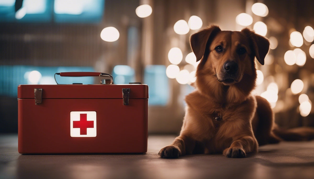 a dog sitting next to a first aid box with fading lights in the background (2).jpeg__PID:652610a2-4e7a-413e-928a-d5a9407f9a34