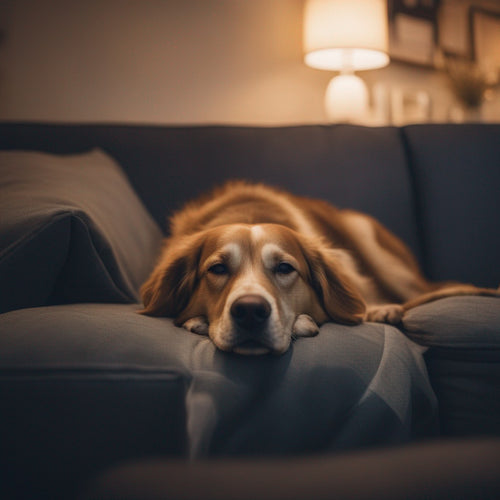 a dog sleeping on the sofa in a Swedish livingroom with fading lights in the background.jpeg__PID:9e856a4e-9ad8-4ce9-929d-454d25b7616a