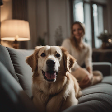a happy dog on the sofa looking into the eyes of his female owner out of focus in a Swedish livingro.jpeg__PID:b276bcaa-4db1-4b3c-a267-fef5653cde87