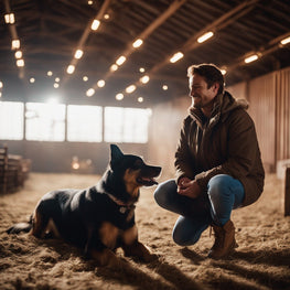 a happy dog with its happy owner in a training barn with fading lights in the background .jpeg__PID:5ad0435a-02b8-4b8d-a45b-8f5f306d1713
