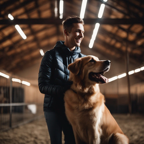 a happy dog with its happy owner in a training barn with fading lights in the background  (4).jpeg__PID:485ad043-5a02-485b-8da4-5b8f5f306d17