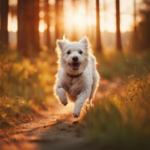 happy, relaxed white dog running by a forest lake in the sunset.jpeg__PID:6e0792a6-f85d-4fc3-9a6d-09e8c7141f9f