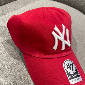 New York Yankees `47 Brand Red Clean Up Adjustable Hat with Sky Blue Brim