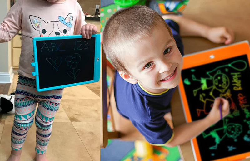 a child writing on the colorful lcd writing and drawing tablet