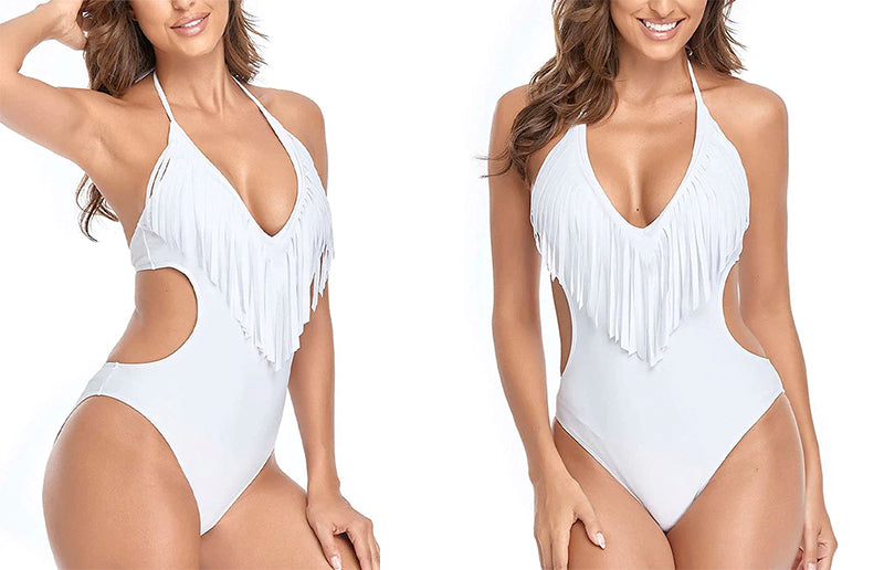 a woman wearing a cutout one piece halter swimsuit