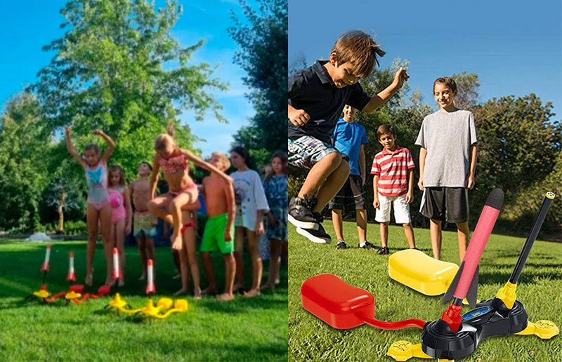 grandchildren playing with the dual toy rocket launcher with their friends