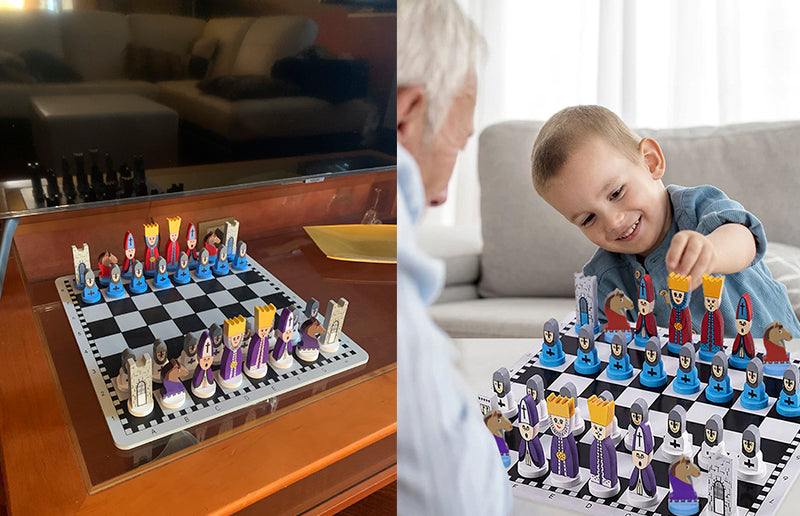 a kid playing with the educational wooden cartoon chess set