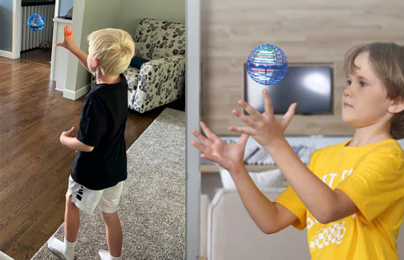 a boy playing with the flying led lights magic ball