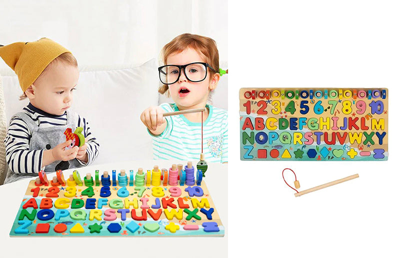 toddlers playing with the number and alphabet wooden montessori fishing toy