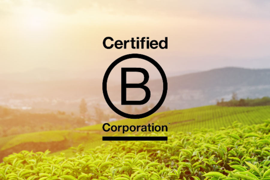 the b corp logo is imposed over a tea field