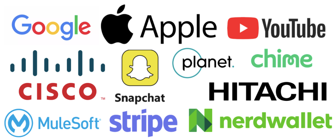 Google, Apple, Youtube, Cisco, Snapchat, stripe, mulesoft, nerdwallet