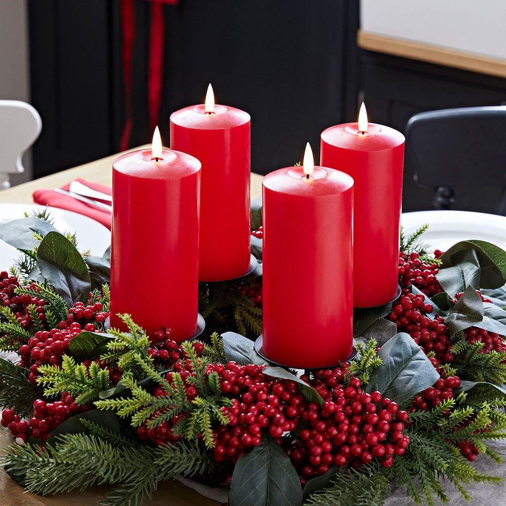 4 TruGlow® Red LED Pillar Candles & Table Candle Holder | Lights4fun.co.uk