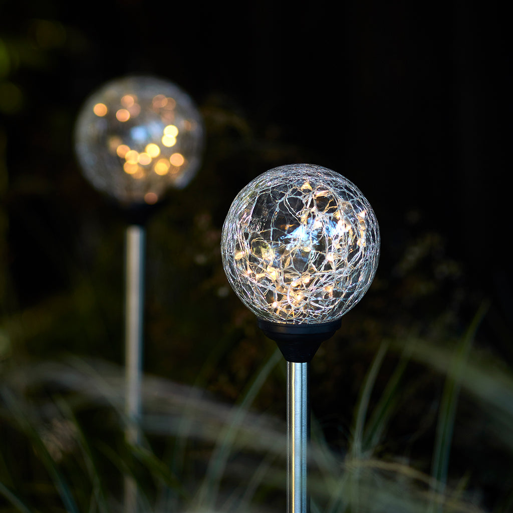 2 Crackle Glass Warm White Solar Stake Lights | Lights4fun.co.uk