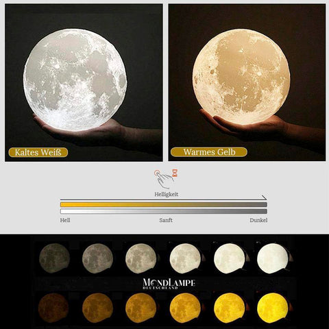 Dimmbare Mond Lampe mit zwei Farben, Gelb und Weiss