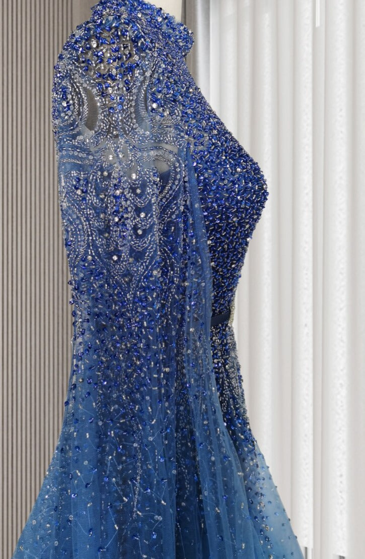 Tasia Blue Beading Luxury High Neck Evening Gown - Mscooco.co.uk