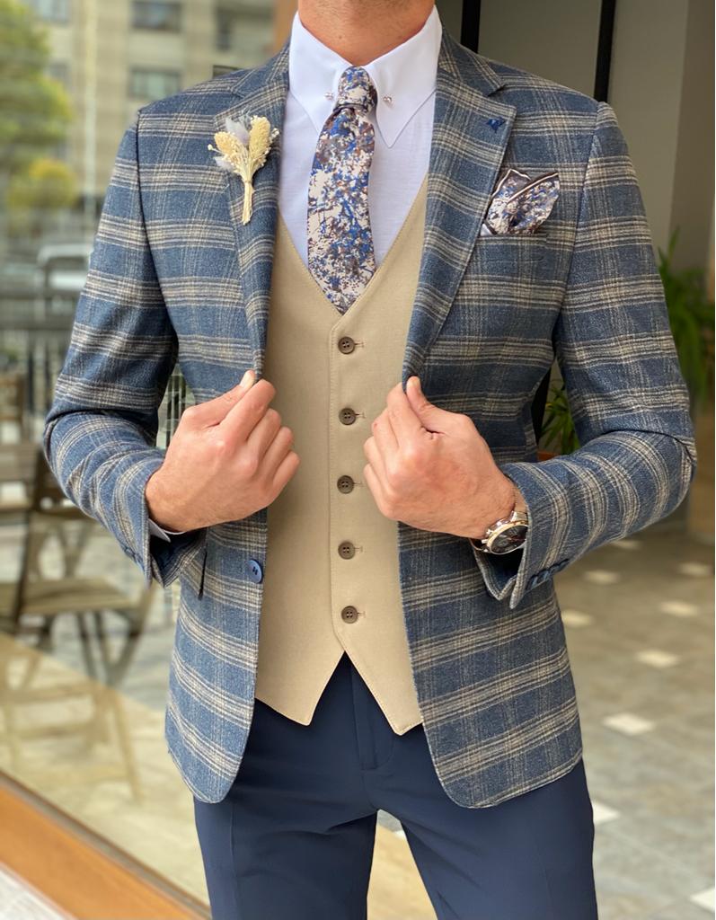 BLUE & CAMEL SLIM-FIT GENTLEMEN PLAID SUIT – WearManStyle