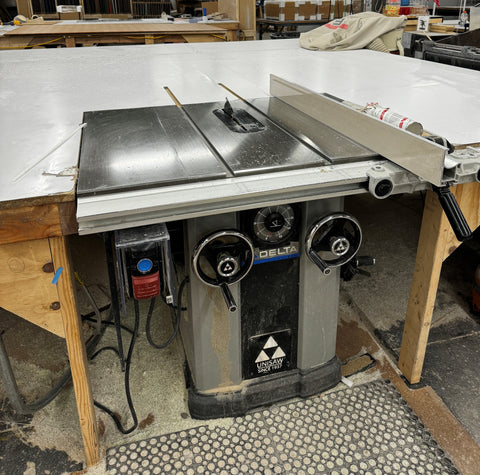 A shop table saw equipped for cutting acrylic sheets
