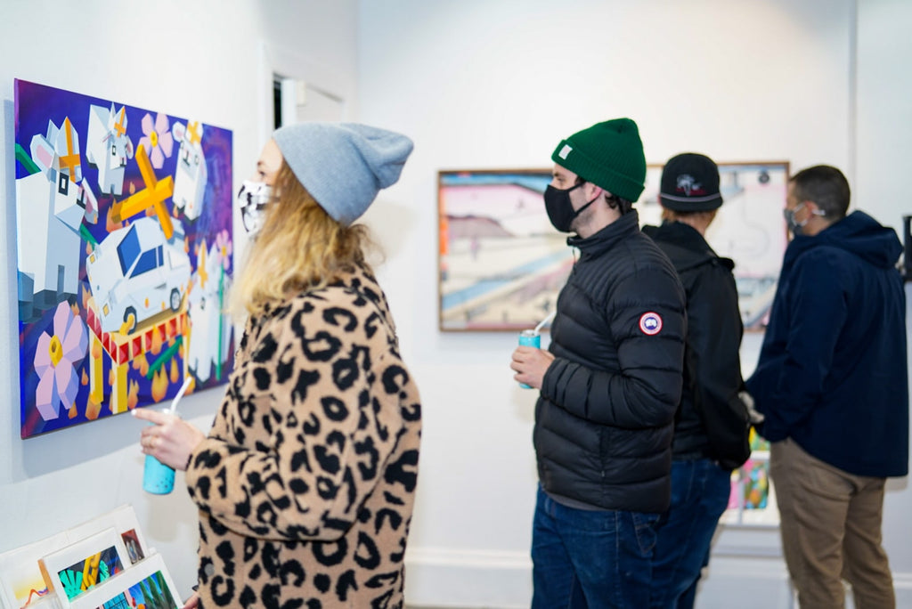 Photograph of people viewing artwork during Tim Irani and Neddie Bakula's "Double Vision" duo exhibition post analog surrealist VIP Collectors Event at Voss Gallery, San Francisco, February 2021.