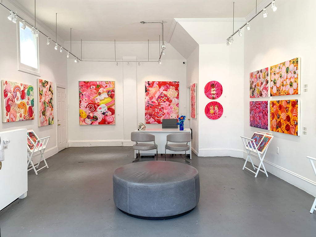 Photographs of Ingrid V. Wells's "Sweet Fascination" solo exhibition of kitschy oil paintings at Voss Gallery in San Francisco, March 2020.