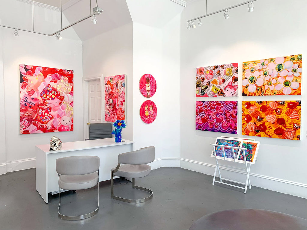 Photographs of Ingrid V. Wells's "Sweet Fascination" solo exhibition of kitschy oil paintings at Voss Gallery in San Francisco, March 2020.