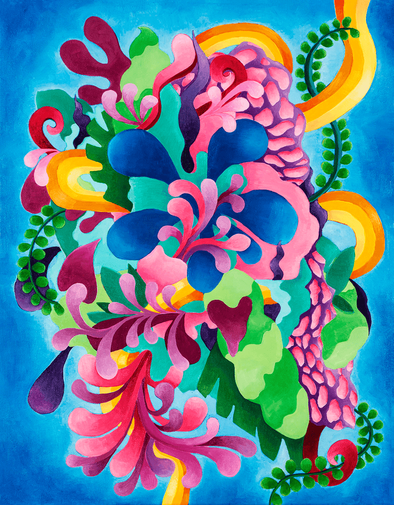 Vibrant abstract floral painting by Jennifer Banzaca, titled 'Big Bloom', featuring a dynamic array of vividly colored organic shapes and patterns on a blue background, available at Voss Gallery San Francisco.