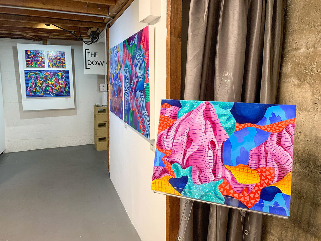 Install image from Jennifer Banzaca's "Utopia" solo exhibition of acrylic paintings at Voss Gallery in San Francisco, February 15-29, 2020. Photograph of paintings installed in the gallery's [The Down Low].